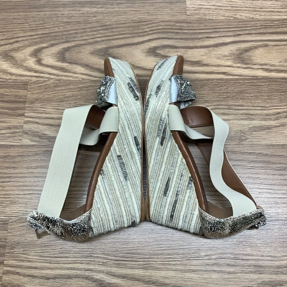 Donald Pliner Espadrille‎ Wedge Shoes 6.5 M Ankle Strap Sandals Beige Sequin